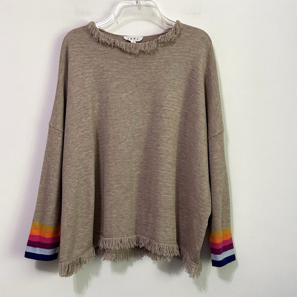 THML Knit Top Sweater M Fringe Trim Tan Pullover Boat Neck Rainbow Stripe Cuff - Picture 1 of 9